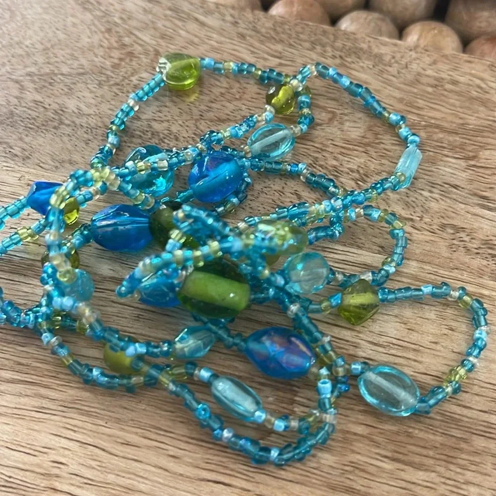 Beaded long necklace glass blue green boho casual